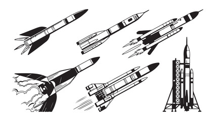 Collection of rocket icons, set of launch vehicles in flight, space exploration symbols, spacecraft design. © Sen