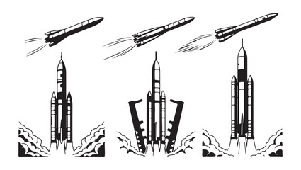 Set of launching rockets and flying spacecraft icons, space shuttle taking off, space travel symbols. © Sen