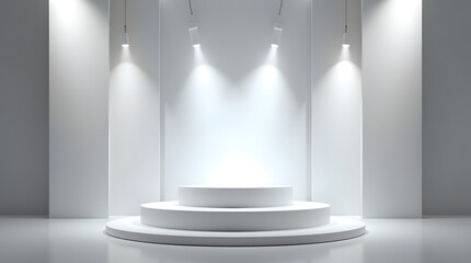 Obraz premium A bright empty white stage with spotlights shining down on a circular pedestal ready for display
