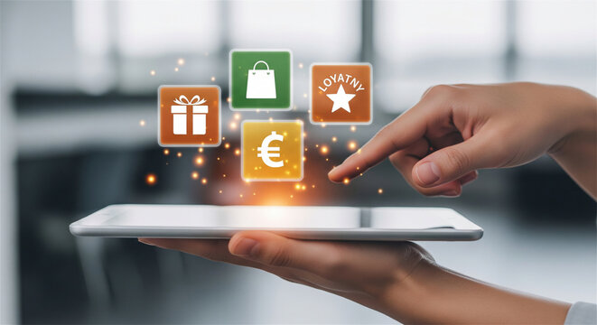 Digital loyalty program icons, mobile shopping app, retail marketing