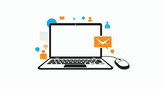 Modern laptop computer featuring a blank screen and a large orange email envelope surrounded by various colorful social media icons.