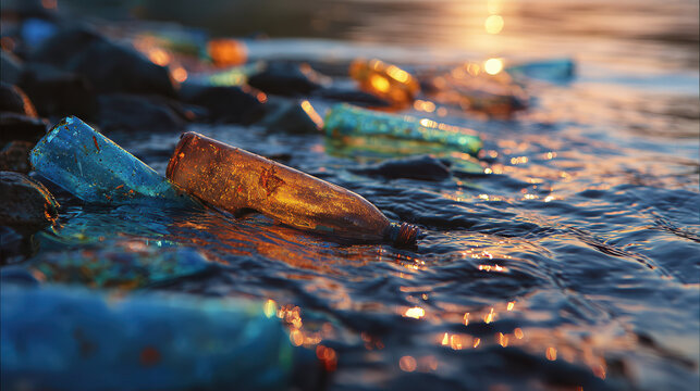 Bottles on Shoreline: Transparent bottles rest on a rocky shore, gently touched by the lapping water, creating a quiet depiction of environmental concern. 