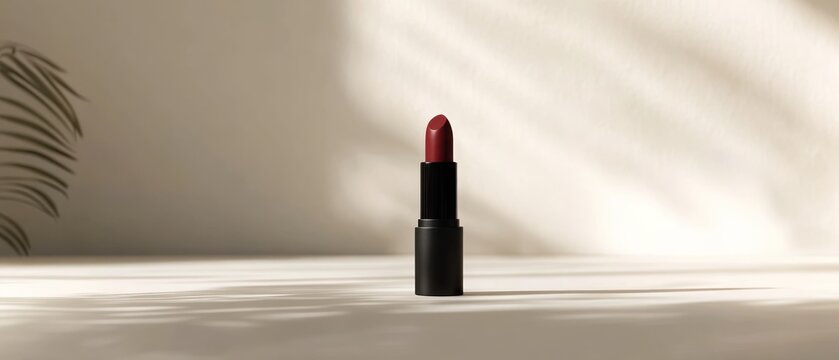 Dark red lipstick on white with leaf shadow