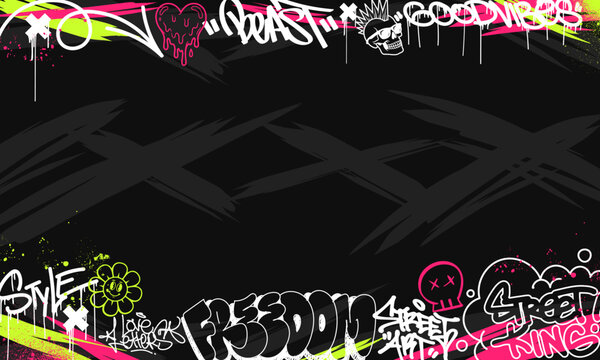 Graffiti background with throw-up and tagging hand-drawn style. Wallpaper graffiti art vector illustration