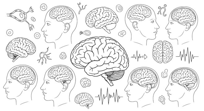 Brain human anatomy set with detailed illustrations of heads and minds, showcasing various perspectives and scientific symbols.