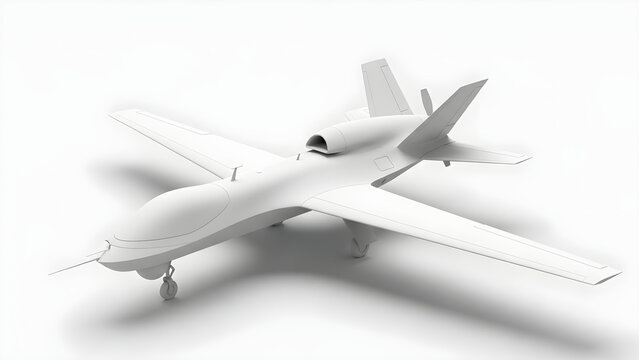 A sleek white drone with wings and tail is flying in the air