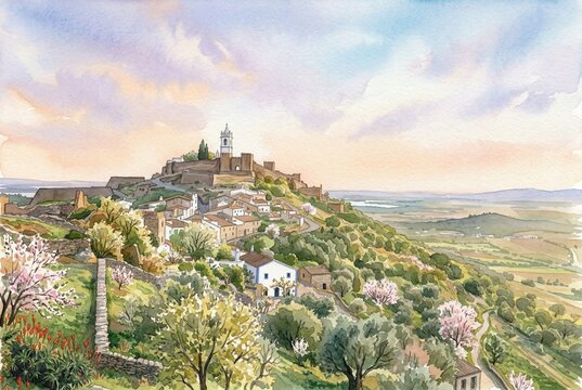 Watercolor painting of the medieval village and Castle of Monsaraz (Castelo de Monsaraz) on a hilltop overlooking the Alentejo plains in Portugal at sunset.
