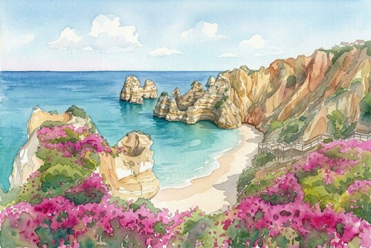 Watercolor painting of Praia do Camilo beach in Lagos, Algarve, Portugal. Scenic coastline with golden cliffs, turquoise water, and blooming bougainvillea flowers.
