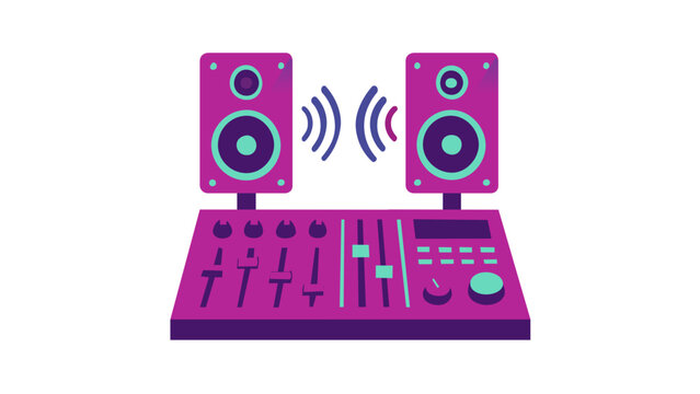 Modern flat vector illustration of a professional DJ mixer soundboard with two audio speakers emitting sound waves, minimalist icon for music production, studio equipment, and entertainment.