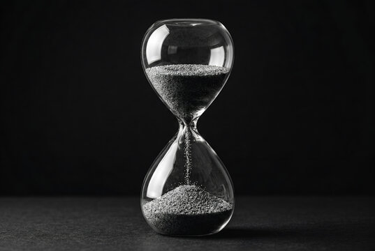 Elegant hourglass with dark sand flowing through narrow waist against black background symbolizing passing time and its measurement