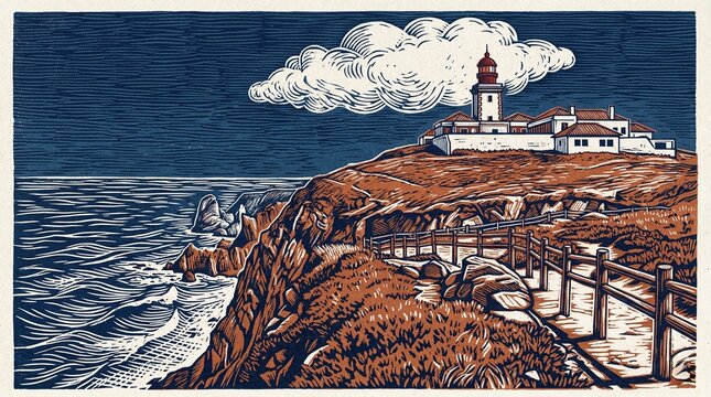 Two-color linocut of Cape Roca (Cabo da Roca) in Portugal. Features the lighthouse building, steep cliffs, and the Atlantic Ocean under a large cloud.