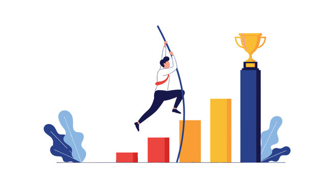 Business professional pole vaulting over rising pillars on a graph toward a golden trophy representing ambitious career goals.