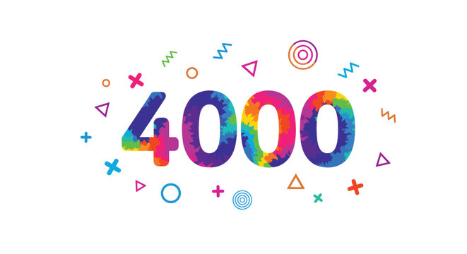 Colorful number four thousand with artistic tie dye pattern surrounded by various geometric shapes on a white background.