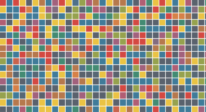 Vibrant abstract pattern made of many small colorful squares arranged in a grid like a mosaic or pixel art background.