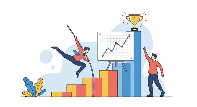 Business growth and achievement concept with a man pole vaulting on a bar chart to reach a golden trophy.