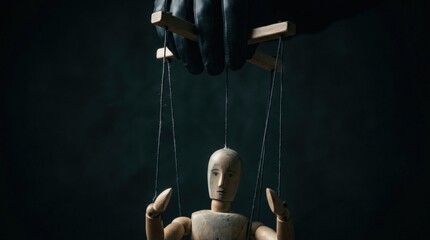 Gloved hand controlling wooden puppet with strings. Concept of manipulation, influence and control. Metaphor for social or political power, decision making and lack of free will.