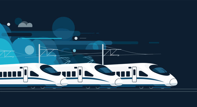 Three modern high speed express trains traveling through the night with abstract blue cloud graphics behind them.
