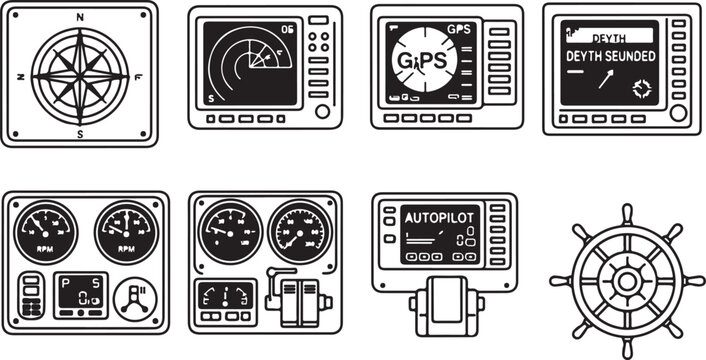 Diagram of various marine navigation and control instruments Vector