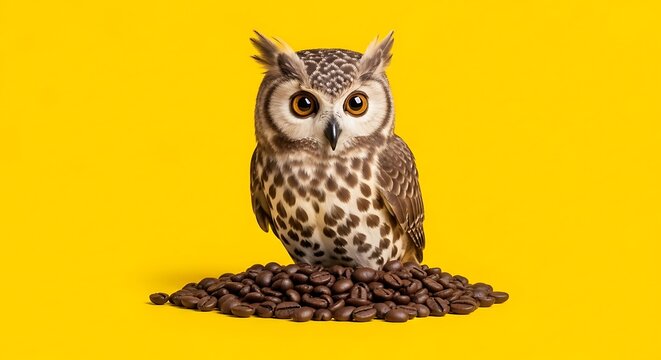 Owl perched on coffee beans against a yellow background.
