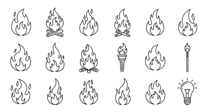 Flame icon set with various fire symbols and blazing elements featuring burning, icons, heat with hot and fiery elements for combustion, blaze