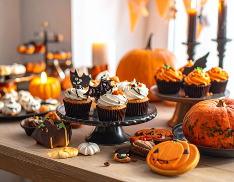 Wundersch&ouml;n geschm&uuml;ckte Halloween-Tafel mit Geb&auml;ck und S&uuml;&szlig;igkeiten