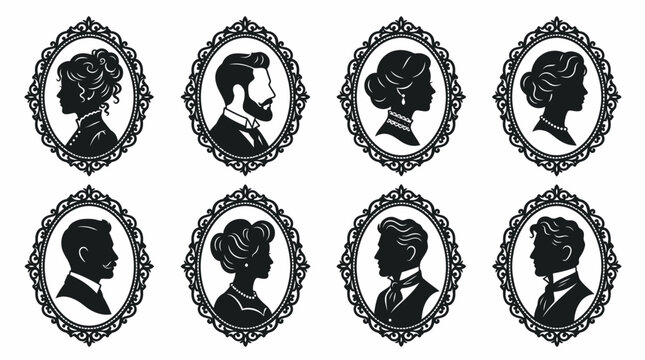 Collection of eight vintage-style black silhouette portraits of men and women in ornate oval frames, depicting classic profiles.
