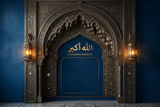 Ramadan Kareem greeting in Arabic calligraphy on ornate arch and lanterns, Islamic culture concept