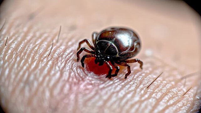 This video features a close-up shot of a tick attached to human skin, with a prominent red bite mark visible. The tick is a common carrier of disease, and this video aims to raise awareness about the