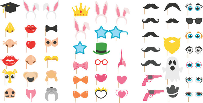Photo Booth Props Vector Set with Party Accessories Including Glasses Mustaches Lips Hats Crowns Bunny Ears and Fun Celebration Elements for Events Design