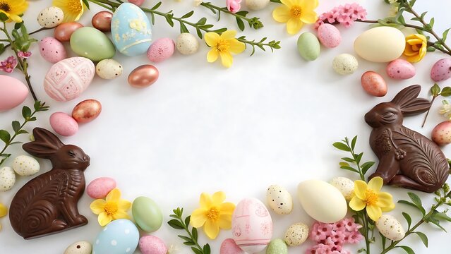 Easter themed border with chocolates and flowers With shadow. AI GENERATED.
