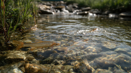 Fototapeta premium Crystal Clear Stream: A tranquil shot of a pristine stream, where the water flows over smooth stones with crystal clarity, revealing glimpses of life beneath the surface. 