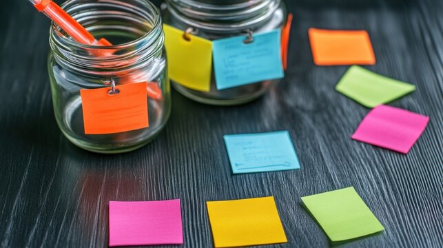 Sticky notes on jars and table