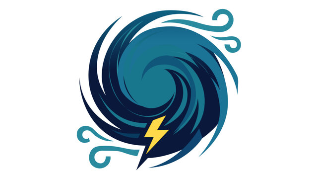 Powerful hurricane vortex vector illustration with a yellow lightning bolt, stylized storm icon for weather forecasting, cyclone symbol, climate change concept, AI-generated flat graphic design.