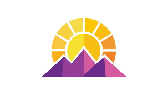 Vibrant sunrise over mountain peaks vector icon illustration. Geometric flat design featuring a bright yellow sun rising behind purple and pink mountain ranges. Minimalist nature landscape graphic.