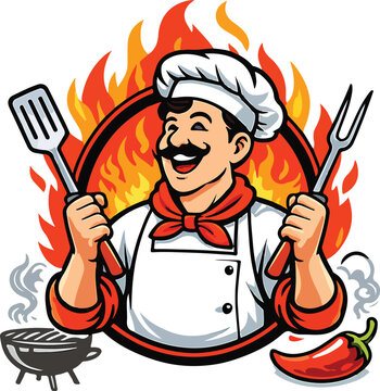 Cartoon chef vector with hat apron spatula fork flames grill chili pepper barbecue cooking illustration