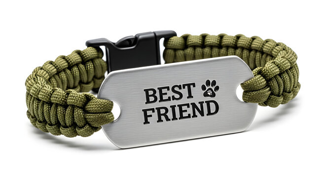 A green paracord bracelet with a silver metal tag engraved with Best Friend and a paw print