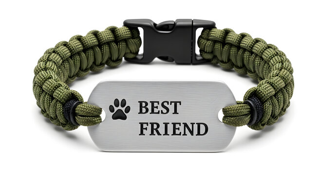A green paracord bracelet with a silver plate engraved with BEST FRIEND and a paw print