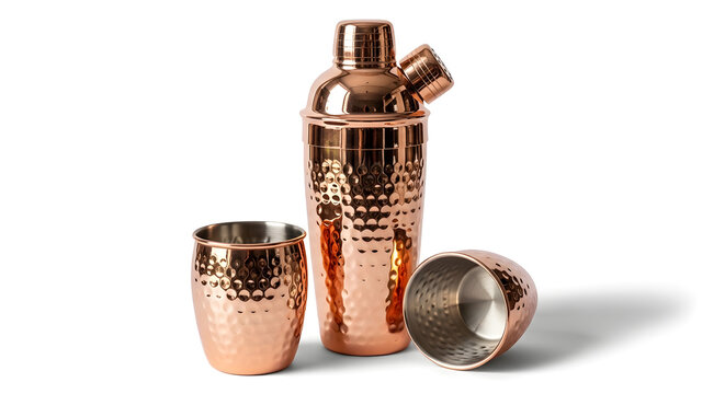 A copper cocktail shaker set with two cups on a white background