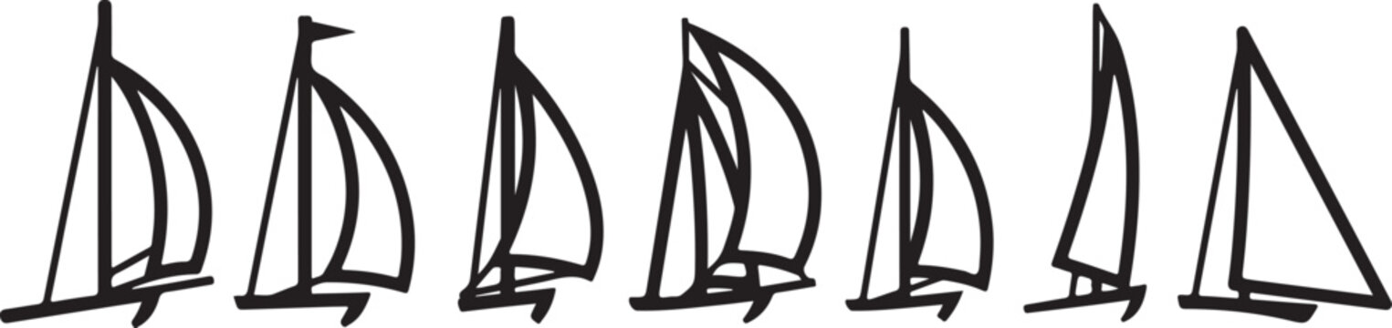 A sequence of seven sailboats with varying sail configurations and hull shapes Vector
