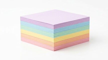Fototapeta premium A neat stack of pastel-colored sticky notes sits on a clean white background, creating a soft, organized, and cheerful visual.
