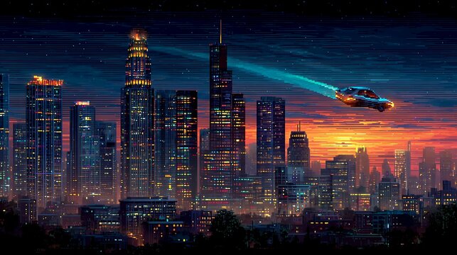 Futuristic cityscape with flying vehicle at sunset.