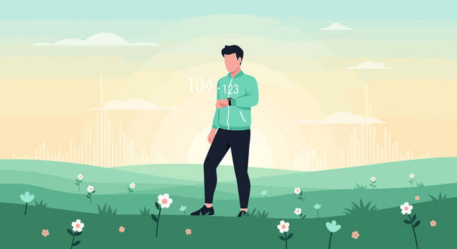 Man checking smartwatch in nature, sunrise, health tracking, outdoor activity