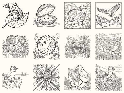 Intricate detailed beetle on blooming flower with binary code background vector line art coloring page for advanced artists