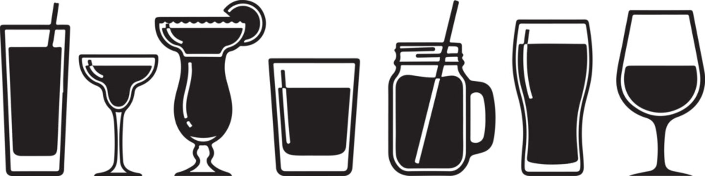A collection of elegant black wine glasses and elegant decanters Vector