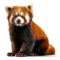 Obraz premium A stunningly photorealistic red panda with vibrant orange fur and a bushy ringed tail, sitting curiously and isolated against a clean white studio background.