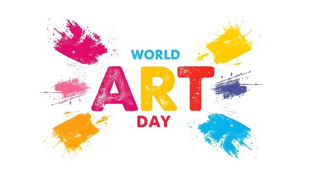 World art day creative typography design with colorful brush strokes and paint splashes isolated on white background