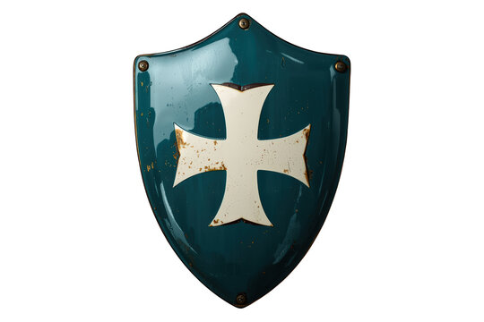 Medieval knight shield with white templar cross emblem on teal metal surface isolated on transparent background