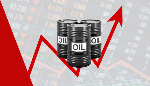 3D oil barrels on stock market financial background with a rising red arrow, symbolizing soaring fuel prices, global energy crisis, and economic inflation.