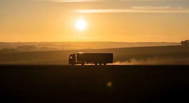 Semi Truck Driving Across Sunset Landscape.
