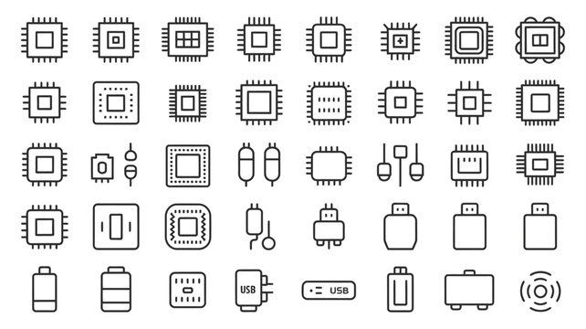 Electronic component line icons, microchips resistors capacitors circuit symbols, hardware engineering semiconductor technology digital circuit design concept, modern clean vector